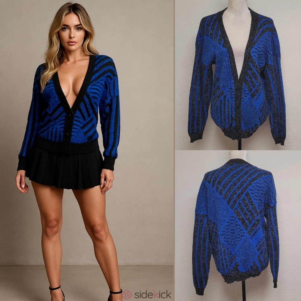 Hampton Bay Vintage 70s Geometric Electric Blue Black Fuzzy Knit V-neck Cardigan